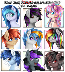 Size: 1200x1327 | Tagged: safe, artist:puggie, derpibooru import, oc, oc only, oc:bijou butterfly, oc:flair, oc:gulfstream, oc:jewel blue, oc:soaring spirit, bat pony, dracony, dragon, earth pony, hybrid, original species, pony, shark, shark pony, art meme, bat pony oc, glasses, jewelry, multicolored hair, piercing, rainbow hair, sharp teeth, teeth, tongue, tongue out