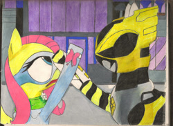 Size: 2338x1700 | Tagged: safe, artist:darkalicornwarrior, derpibooru import, fluttershy, pegasus, power ponies (episode), denji sentai megaranger, power ponies, power rangers, power rangers in space, psycho rangers, traditional art