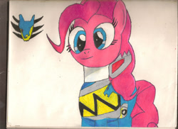 Size: 2338x1700 | Tagged: safe, artist:darkalicornwarrior, derpibooru import, pinkie pie, earth pony, pony, blue ranger, power rangers, power rangers dino charge, simple background, solo, traditional art, zyuden sentai kyoryuger