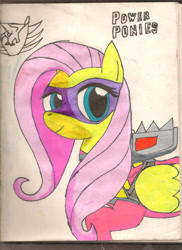 Size: 1700x2338 | Tagged: safe, artist:darkalicornwarrior, derpibooru import, fluttershy, pegasus, pony, mask, pink ranger, power ponies, power rangers, power rangers dino charge, simple background, solo, traditional art, zyuden sentai kyoryuger