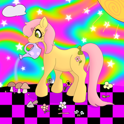 Size: 2382x2382 | Tagged: safe, artist:dusty honey, derpibooru import, posey, earth pony, pony, g1, alternate design, bright colors, digital art, gardening, neon, solo, watering can