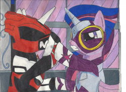 Size: 2338x1700 | Tagged: safe, artist:darkalicornwarrior, derpibooru import, twilight sparkle, alicorn, pony, unicorn, power ponies (episode), denji sentai megaranger, fight, power ponies, power rangers, power rangers in space, traditional art