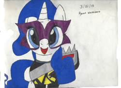 Size: 2338x1700 | Tagged: safe, artist:darkalicornwarrior, derpibooru import, rarity, unicorn, mask, power rangers, power rangers dino charge, simple background, solo, traditional art, zyuden sentai kyoryuger