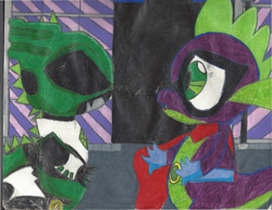 Size: 1101x851 | Tagged: safe, artist:darkalicornwarrior, derpibooru import, humdrum, spike, dragon, power ponies (episode), denji sentai megaranger, deviantart watermark, obtrusive watermark, power ponies, power rangers, power rangers in space, psycho rangers, watermark