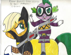 Size: 1101x851 | Tagged: safe, artist:darkalicornwarrior, derpibooru import, applejack, spike, earth pony, pony, mask, power rangers, power rangers dino charge, simple background, traditional art, zyuden sentai kyoryuger