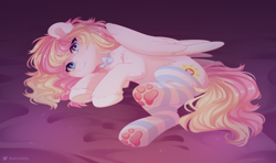 Size: 2580x1529 | Tagged: safe, artist:floweryoutoday, derpibooru import, oc, oc:ninny, pegasus, bed, bedroom eyes, blushing, clothes, heterochromia, looking at you, lying down, lying on bed, on bed, paw pads, paws, socks, underpaw