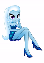 Size: 4806x6848 | Tagged: safe, artist:lobo299, derpibooru import, trixie, equestria girls, absurd resolution, ass, breasts, butt, clothes, crossed legs, dress, female, high heels, legs, looking at you, sexy, shoes, simple background, smiling, smiling at you, solo, white background