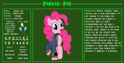Size: 11720x6000 | Tagged: safe, artist:ponygamer2020, derpibooru import, pinkie pie, earth pony, pony, fallout equestria, bio, clothes, cutie mark, fallout, fallout equestria: character guide, female, jumpsuit, looking at you, open mouth, pipboy, reference sheet, s.p.e.c.i.a.l., solo, vault suit, vector