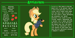 Size: 11720x6000 | Tagged: safe, artist:ponygamer2020, derpibooru import, applejack, earth pony, pony, fallout equestria, applejack's hat, bio, bipedal, clothes, cowboy hat, cutie mark, fallout, fallout equestria: character guide, female, hat, jumpsuit, mare, pipboy, reference sheet, s.p.e.c.i.a.l., smiling, solo, teeth, vault suit, vector
