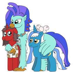 Size: 2363x2336 | Tagged: safe, artist:supahdonarudo, derpibooru exclusive, derpibooru import, oc, oc only, oc:fleurbelle, oc:ironyoshi, oc:sea lilly, alicorn, classical hippogriff, hippogriff, unicorn, 2022 community collab, bow, camera, clothes, derpibooru community collaboration, hoof on shoulder, hug, jewelry, looking up, necklace, shirt, simple background, transparent background, winghug, wings