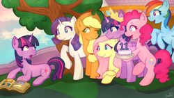 Size: 1920x1080 | Tagged: safe, artist:sunnyroop23, derpibooru import, applejack, fluttershy, pinkie pie, rainbow dash, rarity, twilight sparkle, twilight sparkle (alicorn), unicorn twilight, alicorn, earth pony, pegasus, pony, unicorn, anniversary, bipedal, book, book of harmony, cake, female, floating, folded wings, food, hat, head turned, hoof hold, jewelry, looking at each other, looking at someone, lying down, mane six, mare, mlp fim's eleventh anniversary, no pupils, one eye closed, open mouth, open smile, outdoors, profile, prone, raised hoof, raised leg, regalia, self paradox, self ponidox, smiling, spread wings, surprised, tree, wallpaper, wings