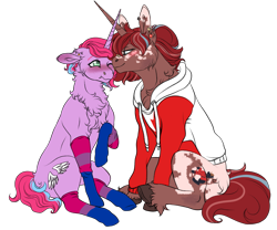 Size: 2591x2152 | Tagged: safe, artist:malinraf1615, derpibooru import, oc, oc only, oc:barnburner, oc:lilac, pony, unicorn, 2022 community collab, bedroom eyes, bisexual pride flag, blushing, canada, canadian, canadian flag, chest fluff, clothes, coat markings, derpibooru community collaboration, duo, ear piercing, earring, female, flustered, hoodie, jewelry, lesbian, lip piercing, looking at each other, mare, multicolored hair, nuzzling, oc x oc, one eye closed, piercing, pride, pride flag, raised hoof, raised leg, shipping, simple background, socks, striped socks, transparent background, unshorn fetlocks