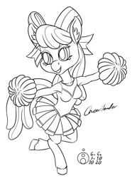 Size: 893x1200 | Tagged: safe, alternate version, artist:sepiakeys, derpibooru import, cheerilee, anthro, unguligrade anthro, armpits, cheerileeder, cheerleader, chibi, monochrome, simple background, solo, white background