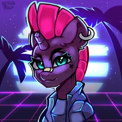 Size: 1300x1300 | Tagged: safe, artist:freak-side, derpibooru import, tempest shadow, unicorn, broken horn, ear piercing, earring, horn, jewelry, looking at you, palm tree, piercing, smiling, solo, synthwave, tree