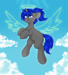 Size: 2000x2200 | Tagged: safe, artist:etoz, derpibooru import, oc, oc only, oc:dream vezpyre, oc:dream², unicorn, angelic, cloud, eyebrows, eyebrows visible through hair, female, flying, halo, happy, horn, looking up, mare, sky, smiling, spread wings, unicorn oc, wingding eyes, wings