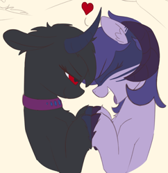 Size: 856x884 | Tagged: safe, artist:aripegio del mandolino, oc, oc only, oc:ysfena, goat, original species, pony, collar, duo, ear fluff, ears, eyes closed, face paint, female, goat pony, heart, holding hooves, horns, open mouth