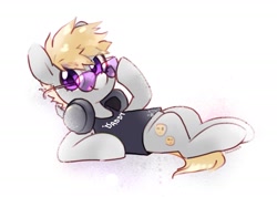 Size: 1819x1298 | Tagged: safe, artist:dawnfire, oc, oc only, oc:cookie malou, earth pony, pony, clothes, female, glasses, headphones, looking at you, lying down, mare, on back, signature, simple background, smiling, smiling at you, solo, tanktop, white background