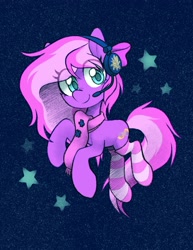 Size: 1519x1969 | Tagged: safe, artist:dawnfire, oc, oc only, oc:lillybit, earth pony, pony, clothes, eye clipping through hair, female, headphones, looking at you, mare, scarf, socks, solo, stars, striped socks