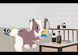 Size: 4092x2893 | Tagged: safe, alternate version, artist:syntiset, oc, oc only, oc:sunrise_roast, pony, unicorn, commission, ears, female, floppy ears, full body, glowing, glowing eyes, horn, jack daniels, licking, licking lips, sofa bed, solo, table, tail, tongue, tongue out, underhoof, wall, whiskey, ych result, your character here