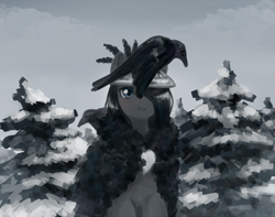 Size: 3007x2367 | Tagged: safe, artist:anonymous, oc, oc only, bird, pony, raven (bird), clothes, coat, female, hair over one eye, hat, mare, snow, snowpony (species), solo, taiga pony, tree