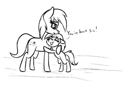 Size: 1350x924 | Tagged: safe, artist:seafooddinner, derpibooru import, oc, oc only, oc:meadow frost, oc:tundra tracker, pony, black and white, dialogue, eyes closed, female, filly, foal, grayscale, hug, mare, monochrome, open mouth, siblings, sisters, sketch, snowpony (species), taiga pony, talking, teary eyes, yakutian horse