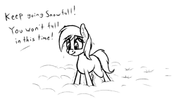 Size: 1485x894 | Tagged: safe, artist:seafooddinner, derpibooru import, oc, oc only, oc:snowfall, pony, black and white, dialogue, ear fluff, ears, female, filly, foal, grayscale, monochrome, nervous, offscreen character, scrunchy face, shaking, shivering, sketch, snow, snowpony (species), solo, taiga pony, yakutian horse
