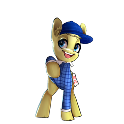 Size: 768x768 | Tagged: safe, artist:mayslost, derpibooru import, oc, oc only, oc:foxy whooves, fox, fox pony, hybrid, art trade, cap, clothes, hat, male, plaid shirt, shirt, simple background, solo, white background