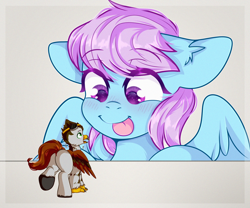 Size: 2400x2000 | Tagged: safe, artist:etoz, derpibooru import, oc, oc only, oc:ashen coat, oc:meadowsong, griffon, pegasus, pony, blushing, commission, confused, cute, eyebrows, eyebrows visible through hair, female, female pred, female preda, griffon oc, happy, imminent vore, macro, macro/micro, male, male prey, mare, micro, open mouth, pegasus oc, size difference, smiling, tongue, tongue out, wingding eyes, wings, ych result