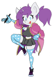Size: 1114x1658 | Tagged: safe, artist:200cups, derpibooru import, oc, oc:indigo wire, anthro, unguligrade anthro, unicorn, anthro oc, clothes, evening gloves, gloves, long gloves, looking at you, magic wand, midriff, simple background, skirt, smiling, socks, stockings, tanktop, thigh highs, transparent background