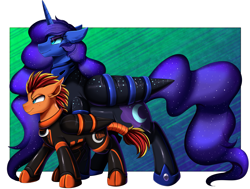 Size: 3509x2650 | Tagged: safe, artist:pridark, derpibooru import, nightmare moon, oc, oc:fireheart, alicorn, bat pony, hybrid, pegabat, pegasus, pony, bat pony oc, bound wings, closed suit design, commission, cutie mark, donut steel, duo, ethereal mane, high res, latex, latex suit, prisoners of the moon, starry mane, tail, tail wrap, wings