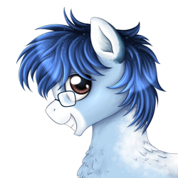 Size: 1200x1200 | Tagged: safe, artist:puggie, derpibooru import, oc, oc only, oc:soaring spirit, pegasus, pony, blaze (coat marking), chest fluff, coat markings, facial markings, glasses, looking at you, male, simple background, smiling, smiling at you, solo, stallion