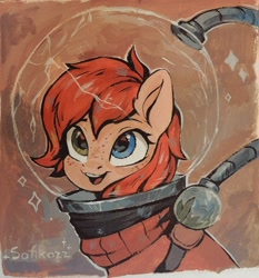 Size: 1006x1080 | Tagged: safe, artist:sofiko-ko, derpibooru import, oc, oc only, oc:rusty gears, pony, cute, freckles, heterochromia, looking at you, ocbetes, open mouth, smiling, smiling at you, solo, spacesuit, sparkles, traditional art