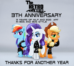 Size: 3250x2905 | Tagged: safe, artist:theretroart88, derpibooru import, applejack, rainbow dash, rarity, earth pony, pegasus, pony, unicorn, abstract background, anniversary, anniversary art, applejack's hat, bipedal, clothes, colored pupils, cowboy hat, ear down, ears, eyeshadow, female, floppy ears, folded wings, full body, grin, hat, high res, hoof on chin, horn, jacket, leather jacket, lidded eyes, looking at you, makeup, mare, raised eyebrow, raised hoof, raised leg, smiling, smiling at you, standing, tail, trio, trio female, wings