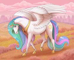 Size: 1280x1045 | Tagged: safe, artist:jenery, derpibooru import, princess celestia, alicorn, pony, cloud, female, field, grass, hoers, looking at you, mare, princess celestia is a horse, raised leg, sky, smiling, solo, sparkles, spread wings, walking, wings