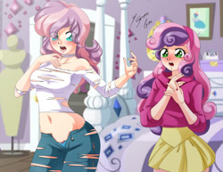 Size: 1280x989 | Tagged: safe, artist:shinta-girl, derpibooru import, sweetie belle, oc, oc:golden sheen, equestria girls, blushing, clothes, couple, human coloration, male to female, open mouth, ripping clothes, rule 63, transformation, transgender transformation