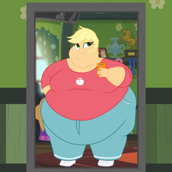 Size: 1440x1440 | Tagged: safe, artist:neongothic, derpibooru import, applejack, equestria girls, amplejack, applefat, applerack, bbw, belly, big belly, bingo wings, breasts, cellphone, chubby cheeks, cleavage, clothes, double chin, fat, fat boobs, fat fetish, female, fetish, morbidly obese, obese, phone, selfie, short hair, smiling, solo, ssbbw, story included, thighs, thunder thighs, weight gain