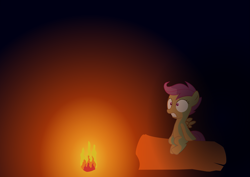 Size: 2913x2058 | Tagged: safe, artist:kehrminator, derpibooru import, scootaloo, pegasus, pony, black background, female, filly, fire, foal, frown, high res, scared, simple background, sitting, solo, spread wings, teeth, wings