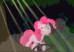 Size: 2913x2058 | Tagged: safe, artist:kehrminator, derpibooru import, pinkie pie, earth pony, pony, female, forest, open mouth, raised hoof, raised leg, scared, solo