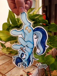 Size: 3456x4608 | Tagged: safe, artist:julunis14, derpibooru import, minuette, pony, unicorn, commission, female, mare, mouth hold, paper pony, photo, solo, toothbrush, traditional art, upside down