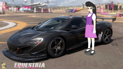 Size: 3840x2160 | Tagged: safe, artist:forzaveteranenigma, derpibooru import, octavia melody, fanfic:equestria motorsports, equestria girls, car, clothes, flats, forza horizon 5, human coloration, livery, mclaren, mclaren 650s, shoes, skirt, socks, supercar, watermark