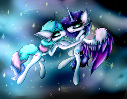 Size: 4000x3131 | Tagged: safe, artist:beamybutt, derpibooru import, alicorn, pony, unicorn, aurora borealis, commission, duo, ear fluff, ears, ethereal mane, eyelashes, female, flying, mare, starry mane, ych result