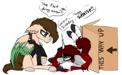 Size: 1118x683 | Tagged: safe, artist:beamybutt, derpibooru import, oc, pegasus, pony, unicorn, :p, box, clothes, dialogue, duo, ear fluff, ears, female, frown, horn, male, mare, pegasus oc, pony in a box, simple background, stallion, tongue, tongue out, transparent background, unicorn oc, wings