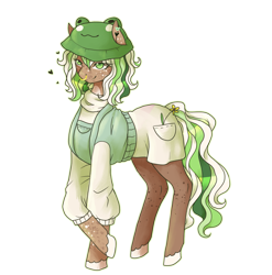 Size: 1227x1240 | Tagged: safe, artist:clown-bread, derpibooru import, oc, oc only, earth pony, frog, pony, clothes, earth pony oc, female, hat, mare, simple background, smiling, transparent background, unshorn fetlocks