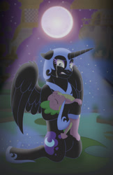 Size: 1024x1580 | Tagged: safe, artist:faitheverlasting, derpibooru import, nightmare moon, spike, alicorn, dragon, pony, blue eyes, canterlot, commission, crying, eyelashes, eyes closed, feather, female, flowing mane, hoof shoes, horn, male, moon, moonlight, night, sad, shipping, spikelove, spikemoon, stars, straight, teary eyes, teeth, water, wings