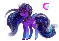 Size: 1280x905 | Tagged: safe, artist:clown-bread, derpibooru import, oc, oc only, alicorn, pony, alicorn oc, black sclera, curved horn, ethereal mane, eyelashes, female, galaxy mane, heterochromia, horn, magical lesbian spawn, mare, offspring, parent:nightmare moon, parent:twilight sparkle, parents:twimoon, peytral, simple background, solo, transparent background, wings