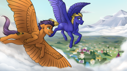 Size: 1915x1080 | Tagged: safe, artist:royvdhel-art, derpibooru import, oc, oc only, pegasus, pony, duo, flying, male, outdoors, spread wings, stallion, wings