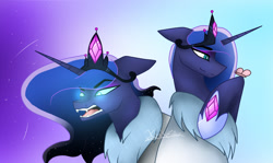 Size: 1413x841 | Tagged: safe, artist:krissograph, derpibooru import, princess luna, alicorn, butterfly, pony, alternate universe, angry, blue eyes, blue mane, clothes, coat, crown, ethereal mane, female, flowing mane, gem, glowing, glowing eyes, hoof shoes, horn, jewelry, open mouth, regalia, signature, simple background, smiling, solo, starry mane, teeth, two sides