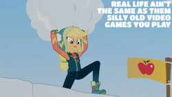 Size: 1280x720 | Tagged: safe, derpibooru import, edit, edited screencap, editor:quoterific, screencap, applejack, better together, equestria girls, holidays unwrapped, boots, female, flag, open mouth, saving pinkie's pie, shoes, snow, solo