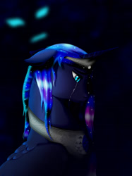 Size: 1280x1707 | Tagged: safe, artist:drawn-wolf, derpibooru import, princess luna, alicorn, pony, black background, blue eyes, blue mane, collar, crown, crying, dark, digital art, ethereal mane, feather, female, folded wings, horn, jewelry, moonlight, night, regalia, sad, simple background, solo, starry mane, teary eyes, wings