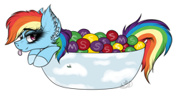 Size: 2103x1147 | Tagged: safe, artist:beamybutt, derpibooru import, rainbow dash, pegasus, pony, :p, candy, chocolate, cup, cup of pony, ear fluff, ears, eyelashes, female, food, m&m's, mare, micro, simple background, skittles, solo, tongue, tongue out, transparent background